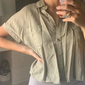 Green khaki collared button down crop top